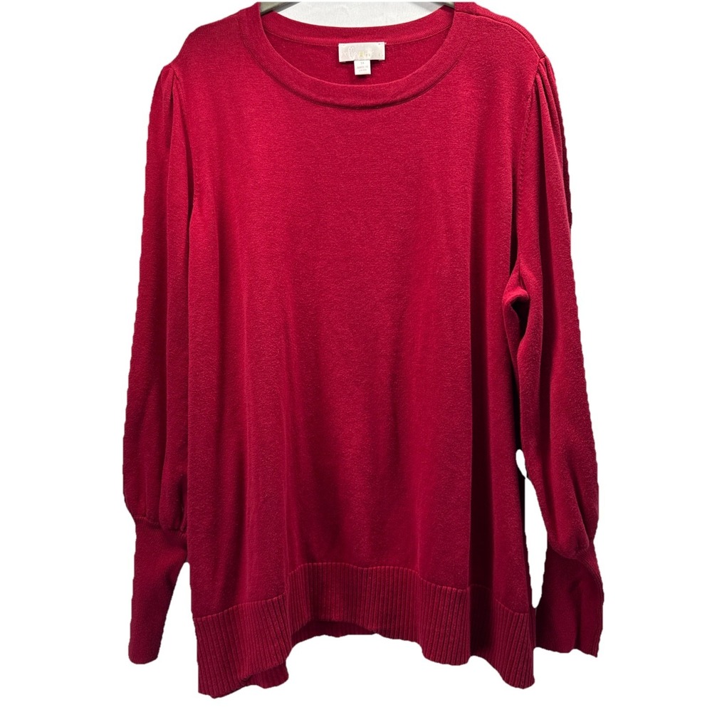 Bell Kim Gravel Women's Knit Sweater Sz 1X Solid Red Long Puffy Sleeves Pullover